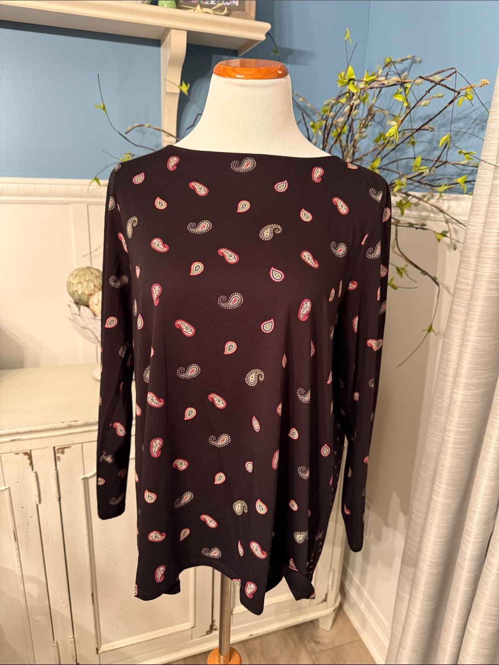 J. Jill Black Long-Sleeve Paisley Top with Pink & Cream Accents